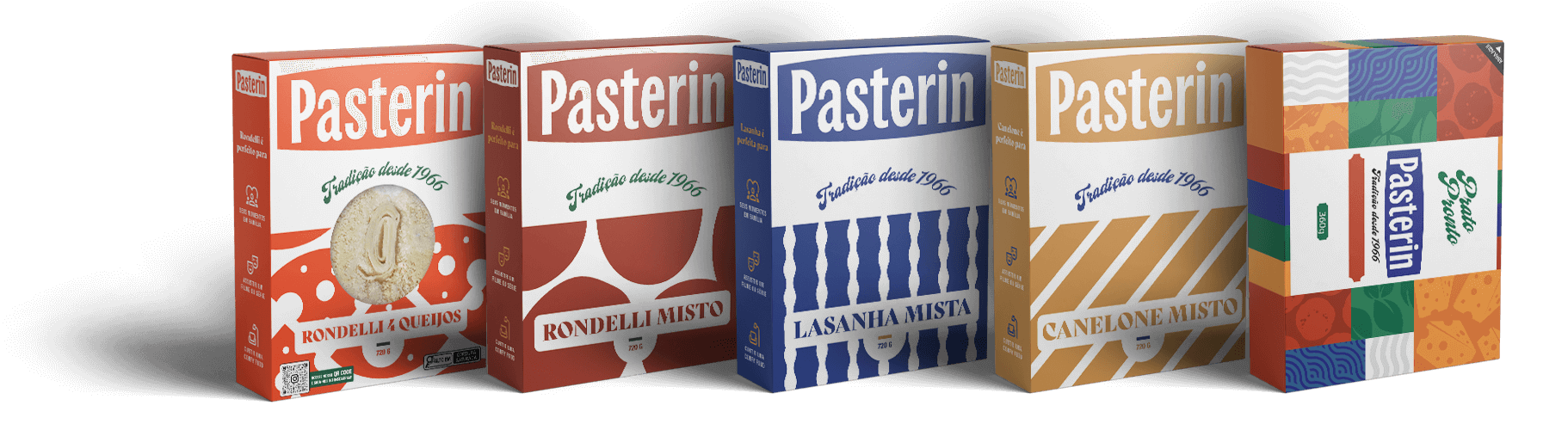 Linha de produtos Pasterin: Rondelli 4 Queijos, Rondelli Misto, Lasanha Mista, Canelone Misto e Prato Pronto